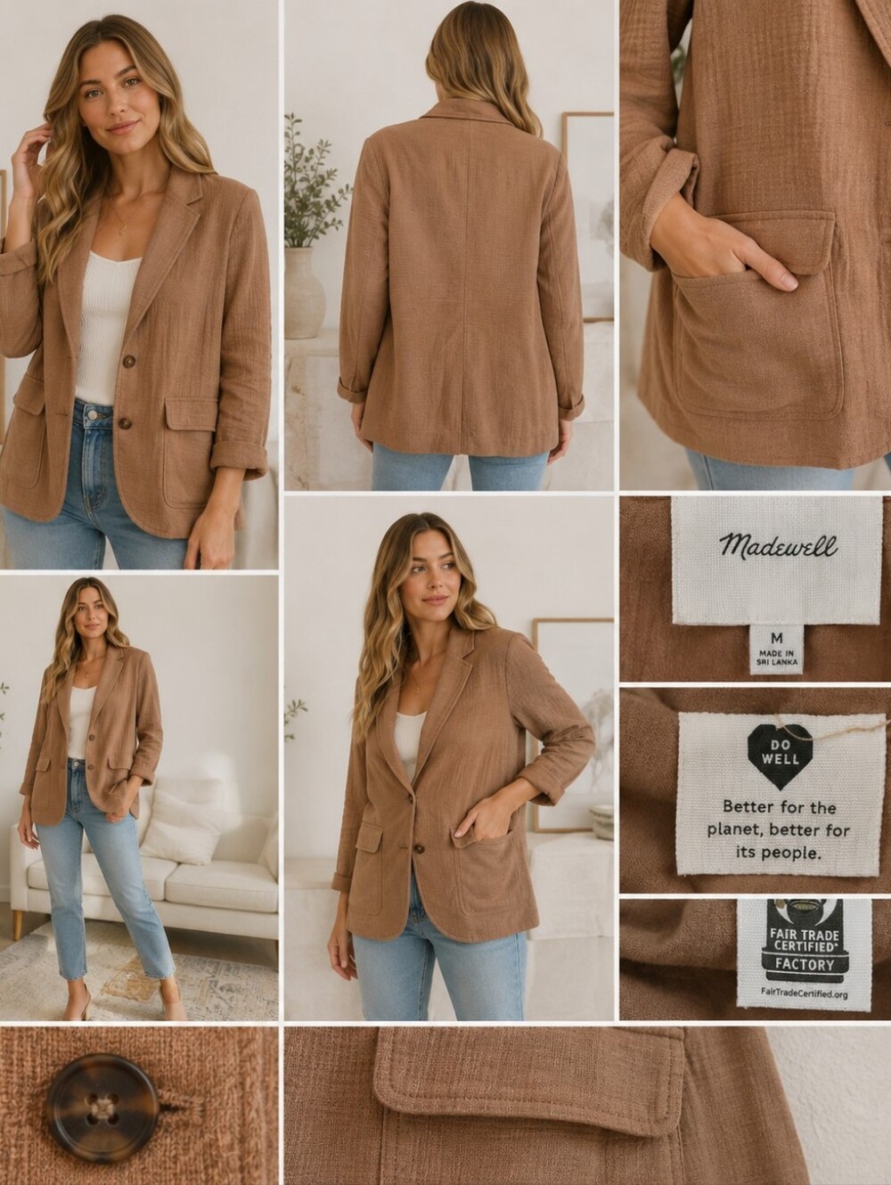 Madewell Womens Textured Blazer Jacket Medium Brown Cotton &‎ Linen Blend - Picture 3 of 10